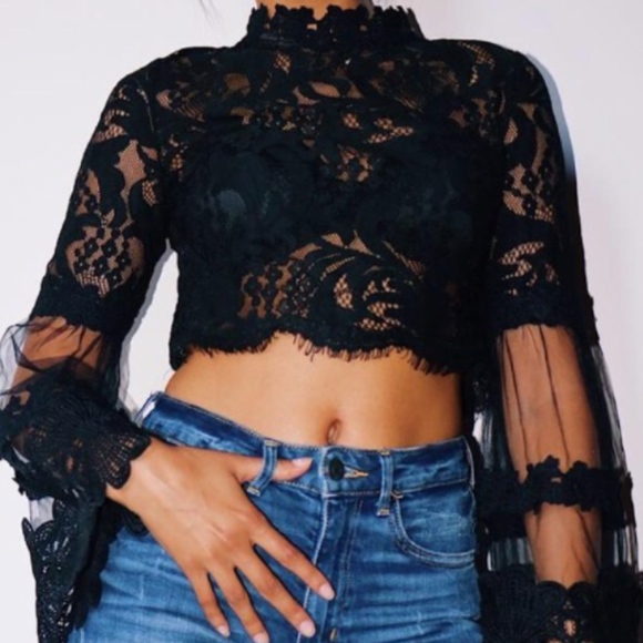 Tops - Long-Sleeve Lace Crop Top